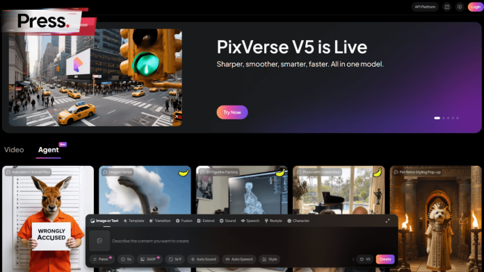 A screenshot of the PixVerse V5 AI video generator's user interface. The page features a large banner with the text 