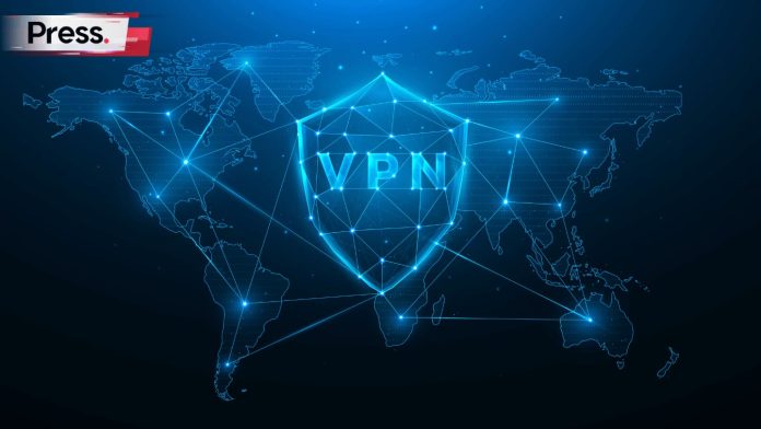 A glowing blue VPN shield over a digital world map, symbolizing global network security.