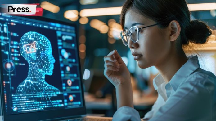 A young woman focused on researching ai technology using a laptop