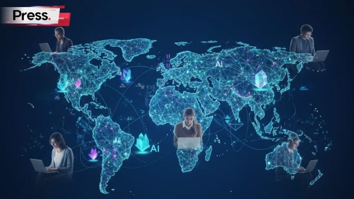Stylized world map showing interconnected digital nodes and lines, representing global online AI learning. Diverse individuals are subtly visible on laptops around the map, with glowing artificial intelligence and data symbols superimposed.