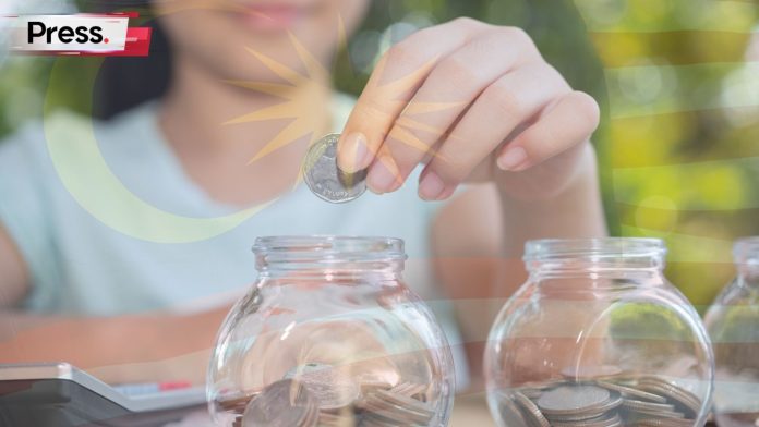 Person putting coins into jar with Malaysia flag overlay, symbolising SME tax savings and national budget planning.