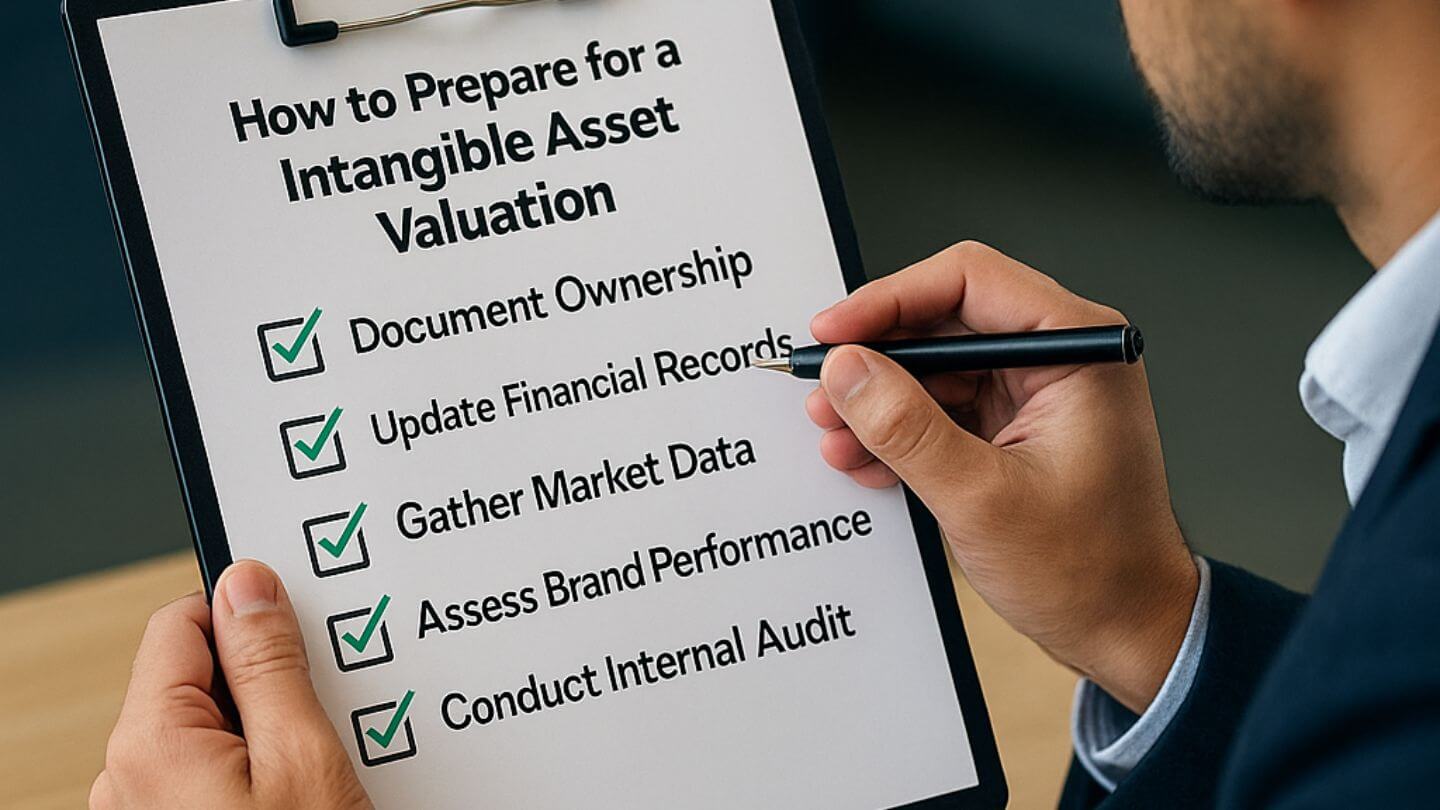A modern businessperson reviewing a printed 5-step checklist about intangible asset valuation, showing documents labelled IP, finance, brand, audit.