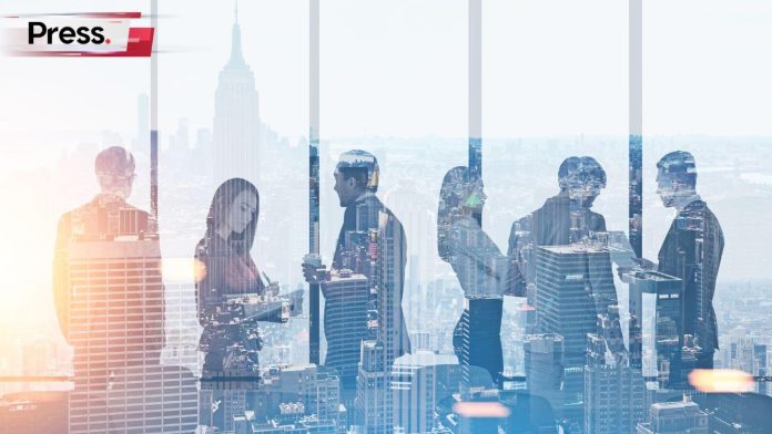 Business guy and women silhouettes in a office with big mirror window on cityscapes background in PRESS blog