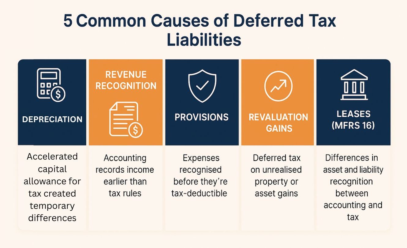 Infographic showing five causes of deferred tax liabilities: depreciation, revenue recognition, provisions, revaluation gains, and leases.