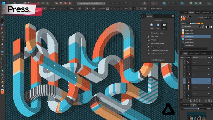 Screenshot of Affinity Designer's isometric design workspace, showing the 'Show Orientation' panel and plane editing options being used to create a complex, colorful vector illustration.