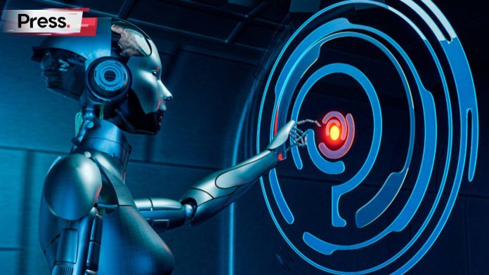 A 3D image of a robot tapping a circle on a computer screen, representing how an AI content detector works.