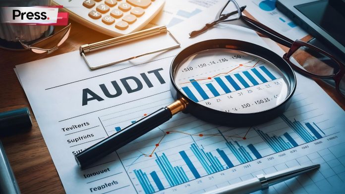 A magnifier placed on audit report showing lot of bar chart with calculator aside and Press logo on top left