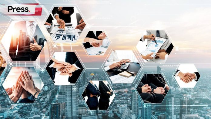 Mixing of different types of business in a hexagon shape flow above city view image