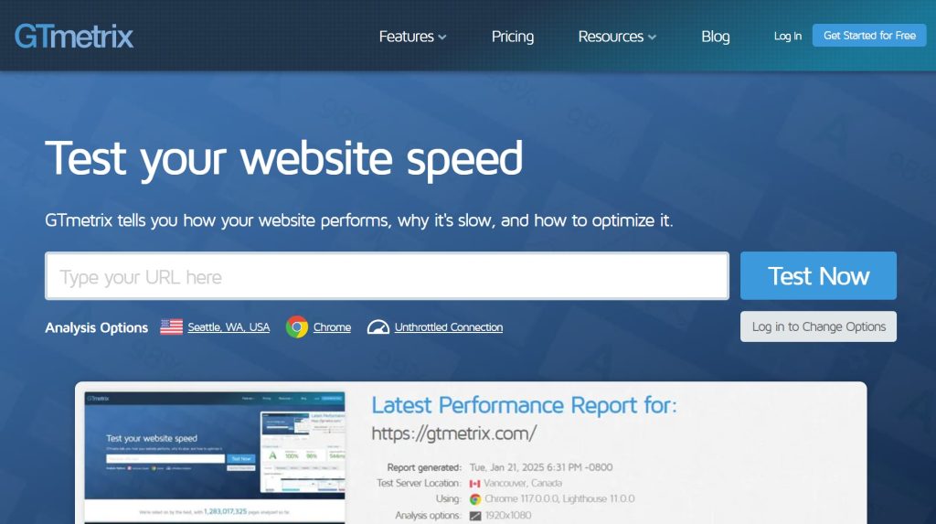 GTMetrix website performance monitoring tool