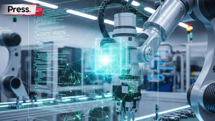 Robotic arm in a factory with a futuristic digital overlay displaying Agentic Vision and complex data.