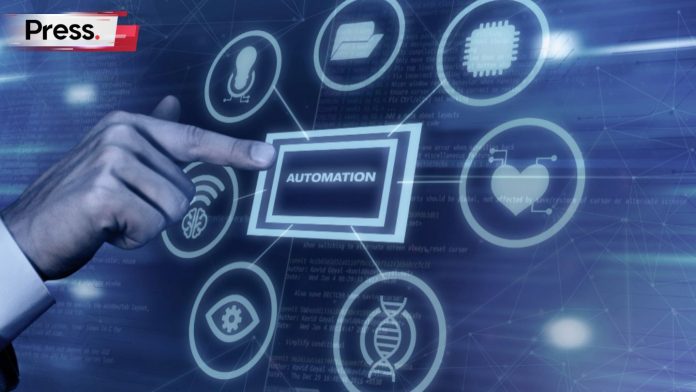 A virtual screen, with a person's hand pressing a button labeled 'automation', representing AI automation.