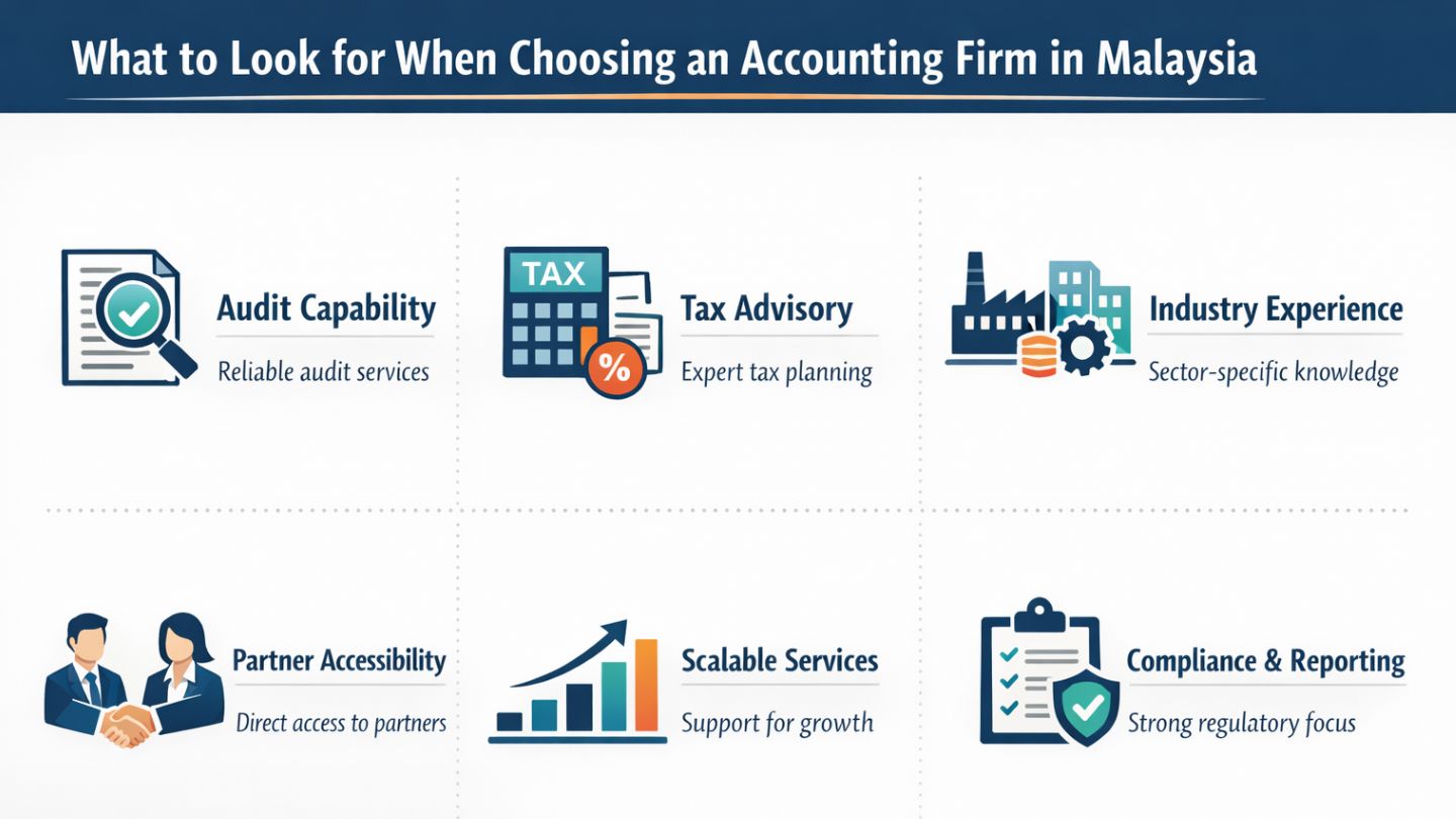 Checklist infographic highlighting key factors to consider when choosing an accounting firm in Malaysia, including audit, tax, industry experience, and scalability.