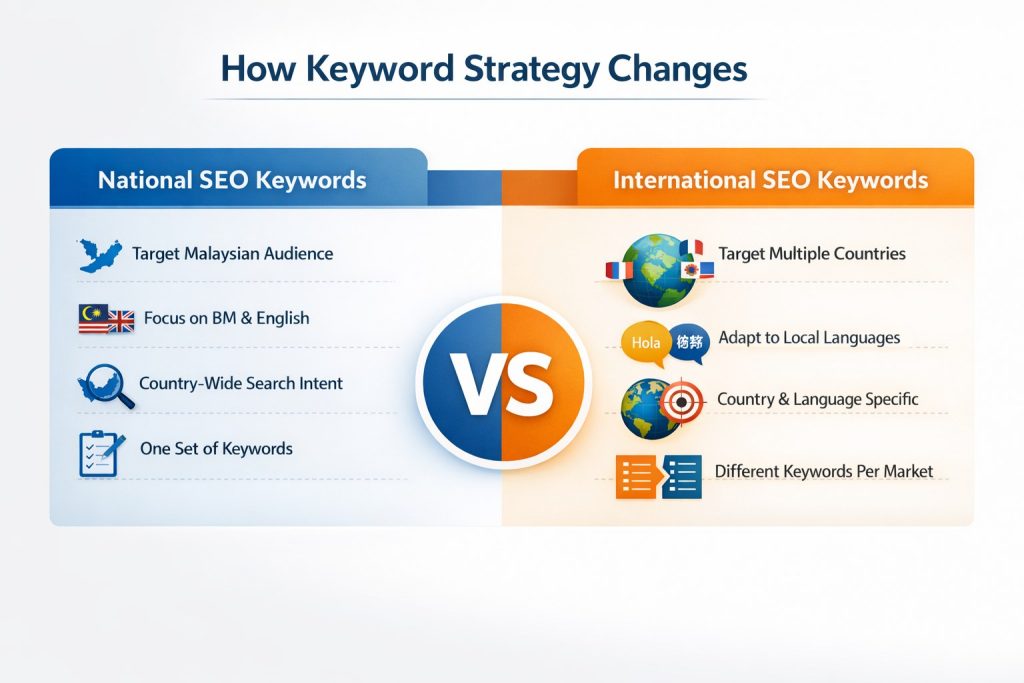 Infographic about how keyword strategy changes between national and international SEO