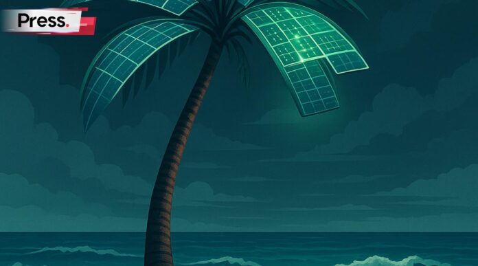 A sleek illustration depicts a resilient Malaysian palm tree standing firm amid turbulent waves crashing against a distant strait, its fronds morphing into glowing solar panels and hydrogen fuel cells that radiate soft, sustainable light to illuminate a path forward. Rendered in a clean, modern editorial style with minimalist lines, vibrant greens, and subtle blues, the composition evokes stability and innovation against a backdrop of stormy skies.