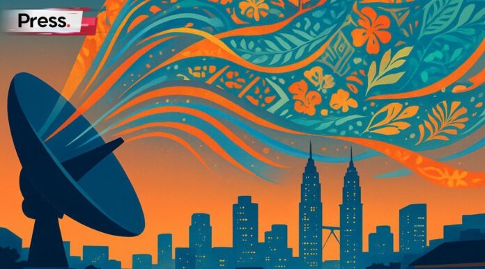 A sleek radar antenna sweeps across a vibrant, bustling Malaysian urban skyline at dusk, capturing swirling streams of colorful digital signals emanating from diverse crowds engaging in animated discussions on glowing handheld devices and community hubs. These signals blend into a harmonious mosaic of cultural motifs like batik patterns and tropical foliage, symbolizing the interconnected flow of multilingual conversations being vigilantly monitored. Rendered in a clean, modern editorial illustration style with minimalist lines, bold contrasts, and a palette of warm oranges, cool blues, and vivid accents.