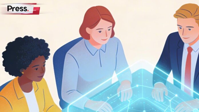 A diverse group of professionals collaborates around a glowing digital interface where abstract neural networks intertwine with everyday tools like keyboards and notebooks, symbolizing seamless integration of AI into varied workflows. Rendered in a clean, modern editorial illustration style with minimalist lines, soft gradients, and a balanced color palette of cool blues and vibrant accents to evoke innovation and accessibility.