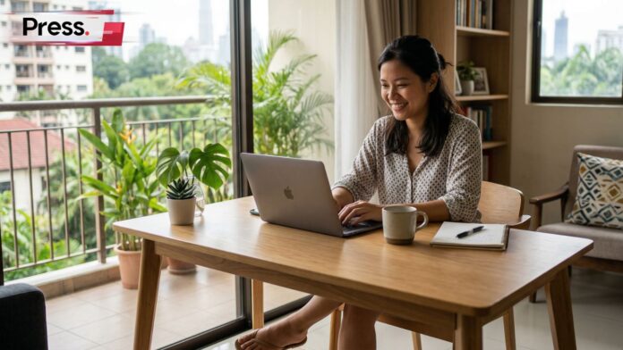 photo image showing a smiling woman works on a laptop in a bright Malaysian apartment with a city skyline view.