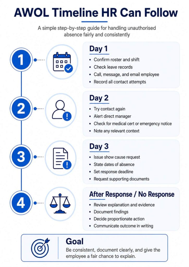 An infographic illustrating the rough AWOL timeline that HR can act on