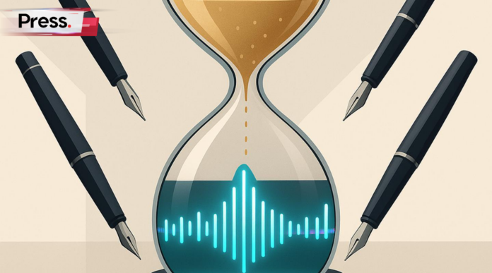 A stylized hourglass sits centrally on a polished surface, with its falling sand transforming into a synchronized wave of glowing digital signal pulses as it hits the bottom chamber. Surrounding the timer are several sleek, minimalist fountain pens poised in mid-air, ready to write in unison against a clean backdrop of soft architectural shadows.