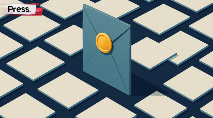 A minimalist isometric scene depicts a single gold-sealed envelope standing upright amongst a sea of identical white documents, symbolizing the transition from a standard announcement to a verified mark of credibility. The composition uses a sophisticated palette of deep navy and muted teal, with soft light focusing on the lone colored asset to represent trust and authority in a crowded market.