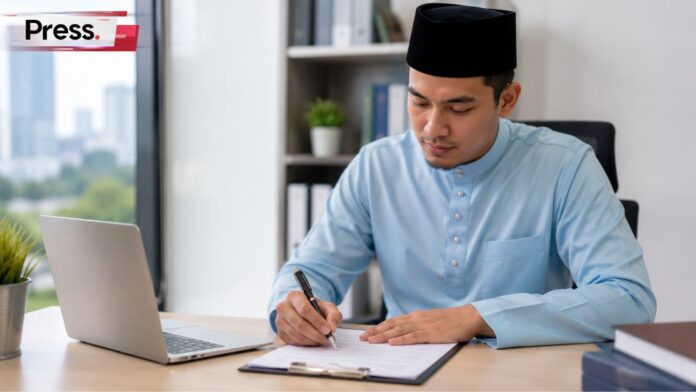 Muslim Malaysian businessman completing documents at a modern office desk while applying for halal certification using a laptop and paperwork.