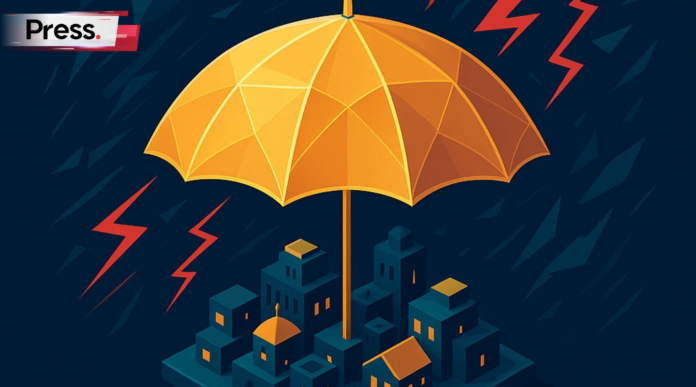 An isometric view depicts a steady, glowing crystalline umbrella shielding a miniature architectural cityscape from a swirling storm of geometric shards and jagged red lightning. The scene is rendered in a minimalist vector style using a sophisticated palette of deep navy, teal, and accents of vibrant gold to emphasize resilience amidst turbulence.