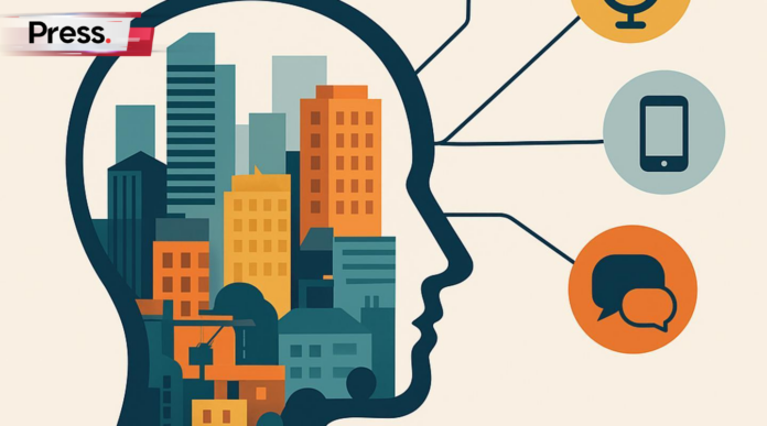 A clean, modern editorial illustration features a stylized profile of a person in silhouette, within which a vibrant, bustling cityscape or industry landscape is visible. Sharp, minimalist lines connect this central figure to several smaller circular icons representing diverse media platforms and dialogue bubbles, symbolizing the human bridge between corporate expertise and public discourse.